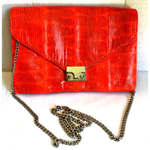 LOEFFLER RANDALL Orange Snakeskin Leather Lock Envelope Clutch Crossbody Bag